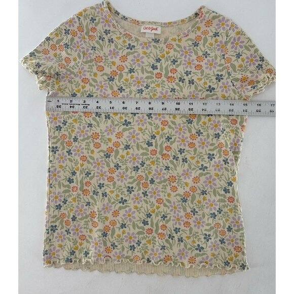 Cat & Jack Ditzy Floral‎ Ribbed Knit Top Girls Short Sleeve Beige Shirt L 10/12 - Picture 7 of 7